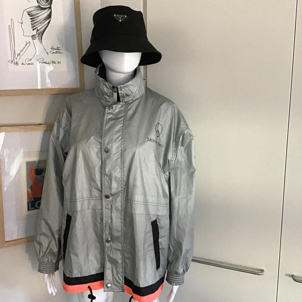 Official Mercedes Benz Vintage 1990s Windbreaker Hooded Rain Jacket Womens M-L Silver Grey