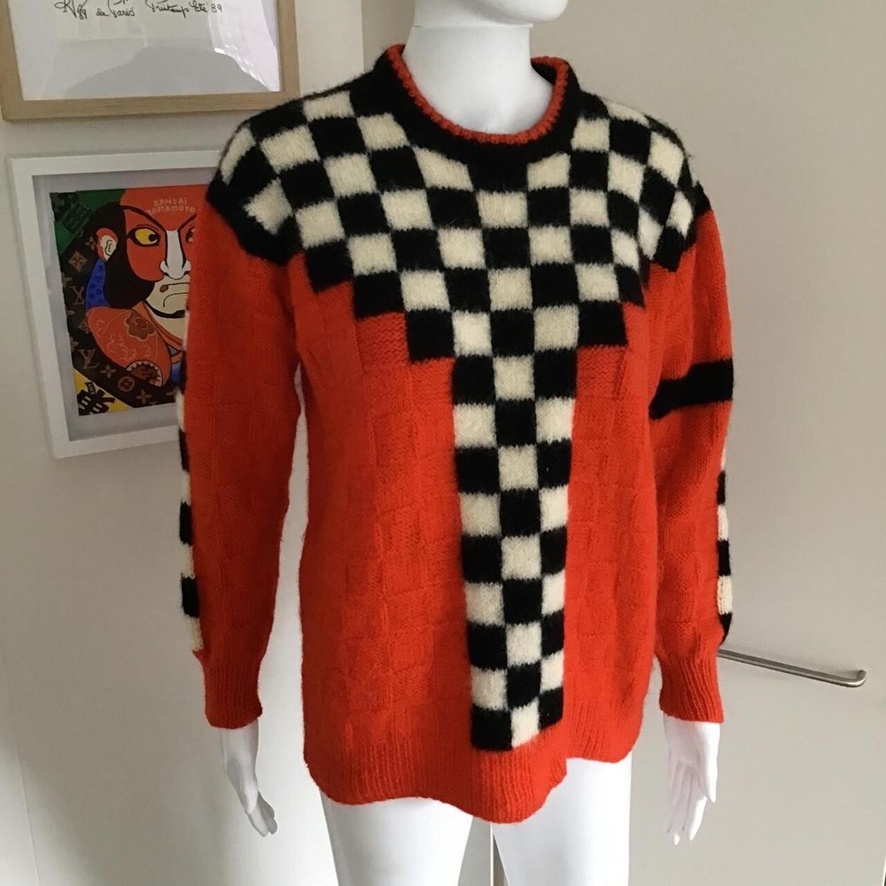 VTG Handmade Hand-Knit Red Black White F1 Checkerboard Sweater/Small/100% Wool