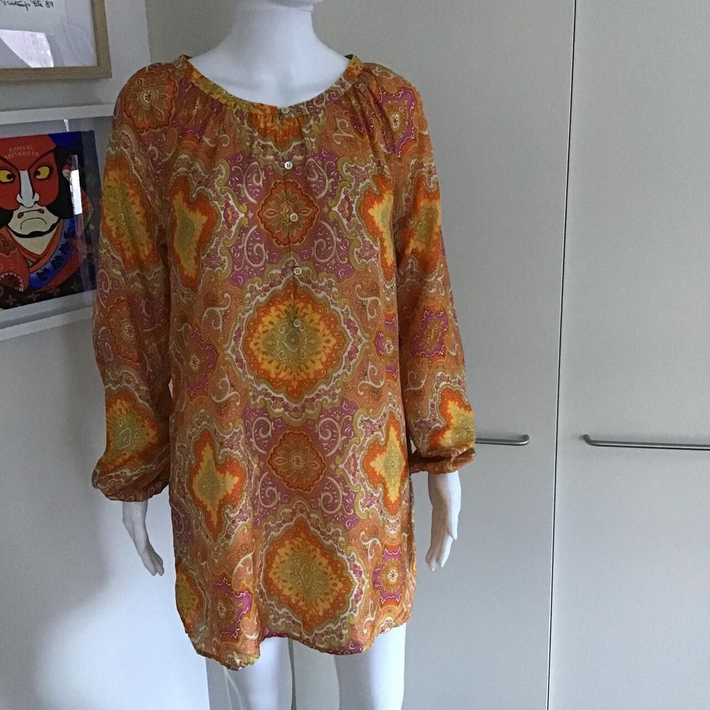 J. Crew 100% Fine Silk Orange Paisley Kaftan Top/Short Dress/Size S/Fits XS-M/Free Shipping