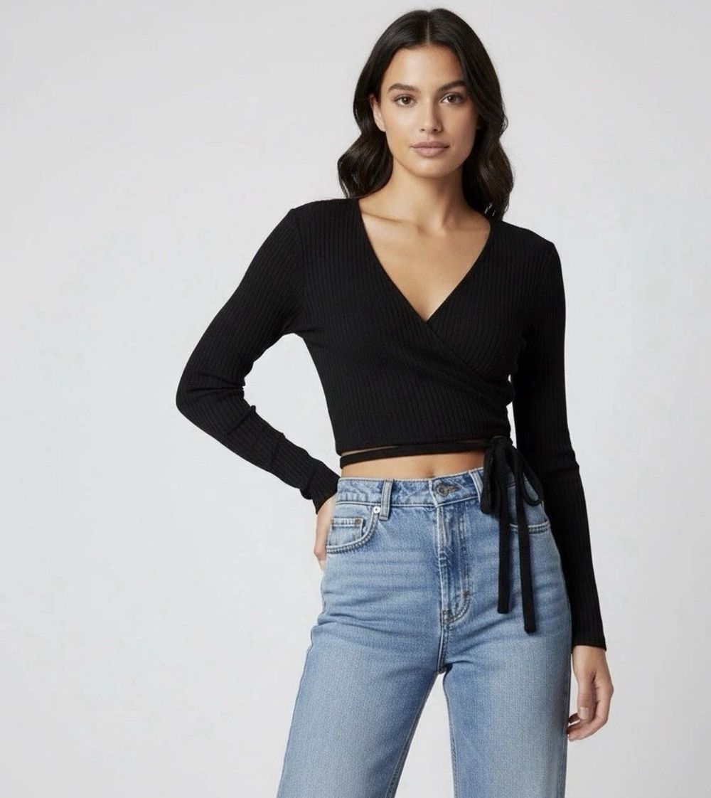 Reformation Petalo Ribbed Knit Wrap Top/Slightly Cropped/Size S/ECO Dry-Cleaned
