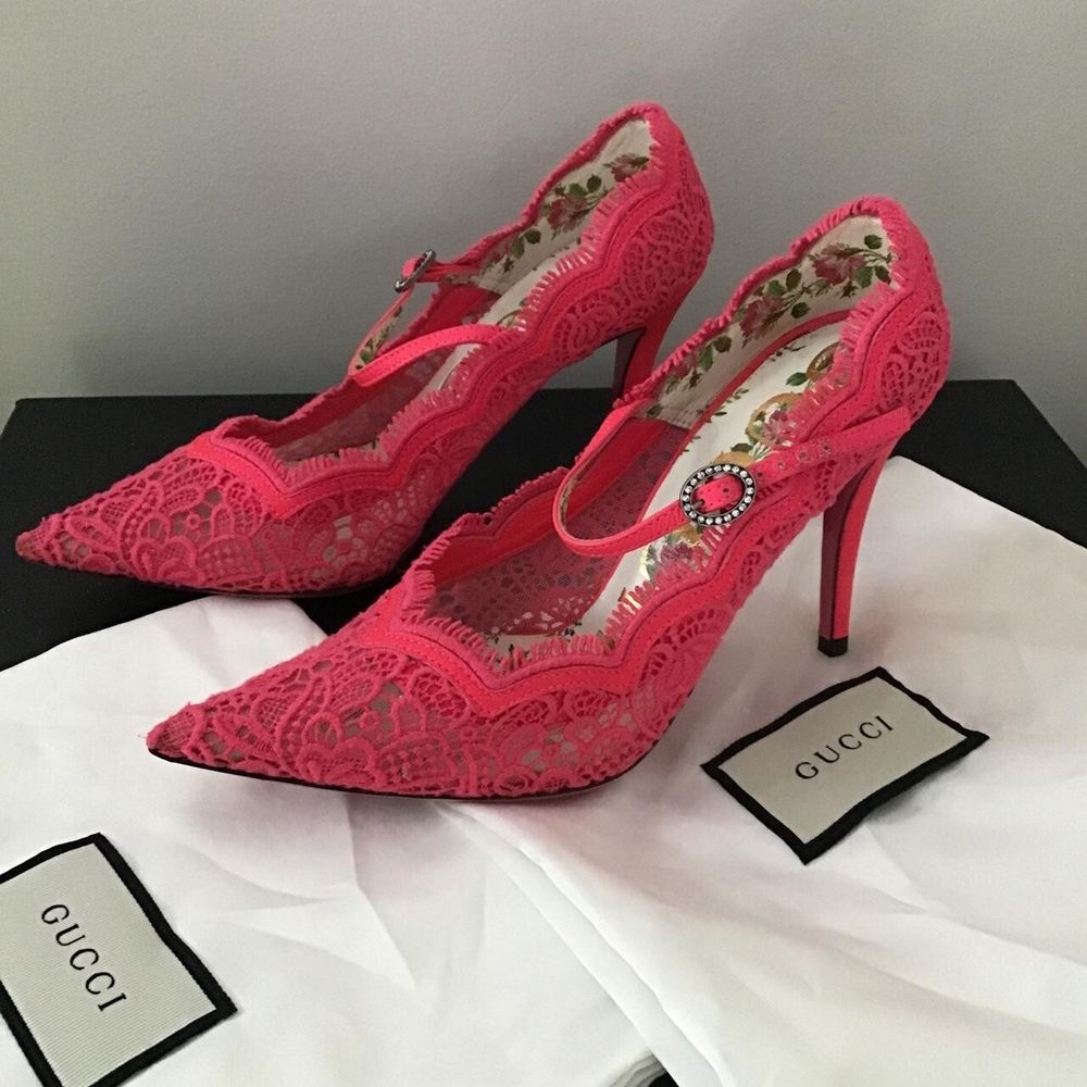 Authentic Gucci Virginia Pink Lace Pattern Pumps High Heels/35 EU/Made in Italy