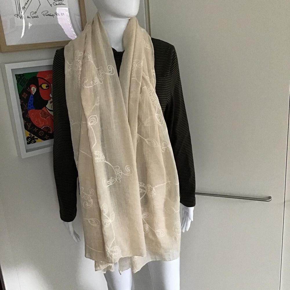 Ivory-Cream floral embroidered oversized scarf shawl with white floral embroidery