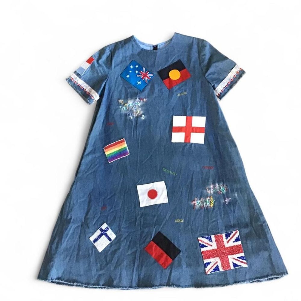 Vintage Women’s Handmade Denim A-Line Dress/Lined/Flags Sequins/Pockets/Size Small