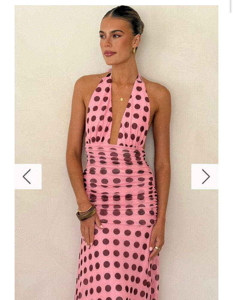 Billy J Boutique - Pink Brown Polka Dot Maxi Dress on Designer Wardrobe