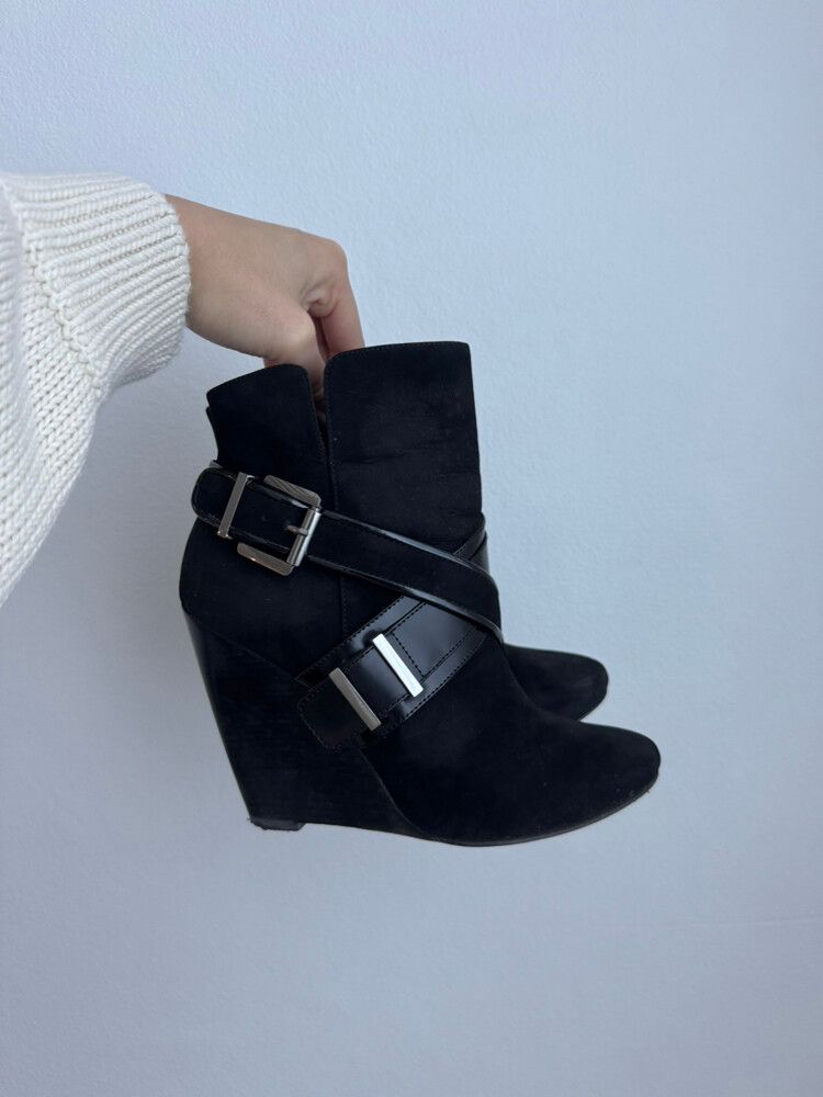 Mimco black block wedge ankle boots