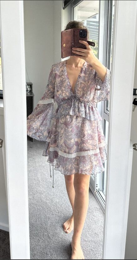 Lined sheer floral paisley ruffle side-tie Kennedy mini dress / sz S