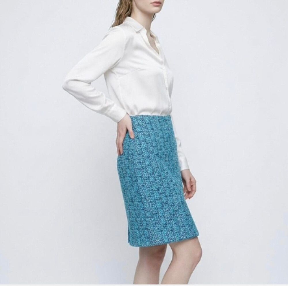 Anna Thomas Teal tweed knee length skirt size 8