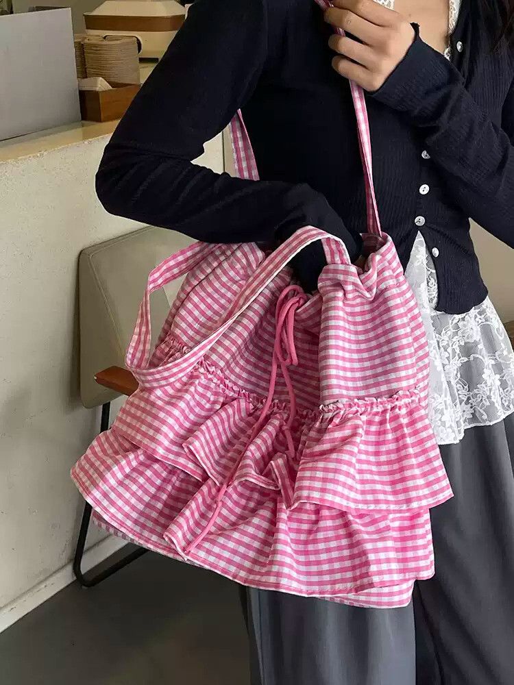 Brand New Sweet Pink & White Gingham Cherry Picnic Ruffle Tote Bag