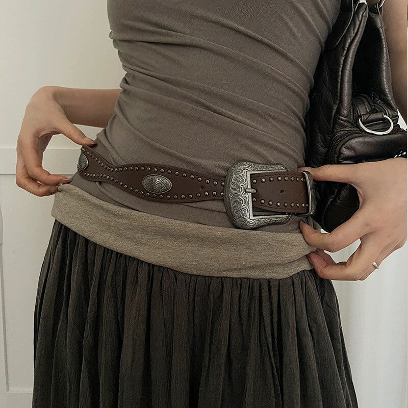 Brand New Y2K Styled Brown Silver Buckle Belt