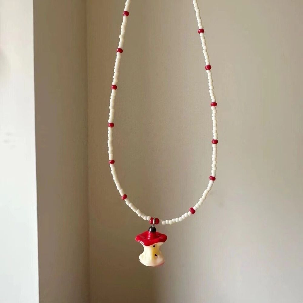 Brand New Playful Red & White Beaded Apple Core Pendant Necklace