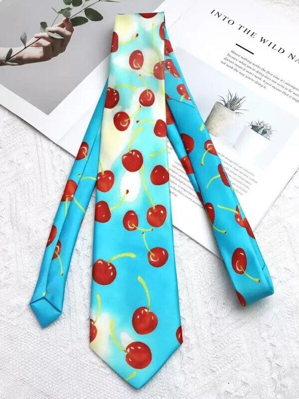 Brand New Unique Vibrant Sky Blue Print Silky Tie with Red Cherry