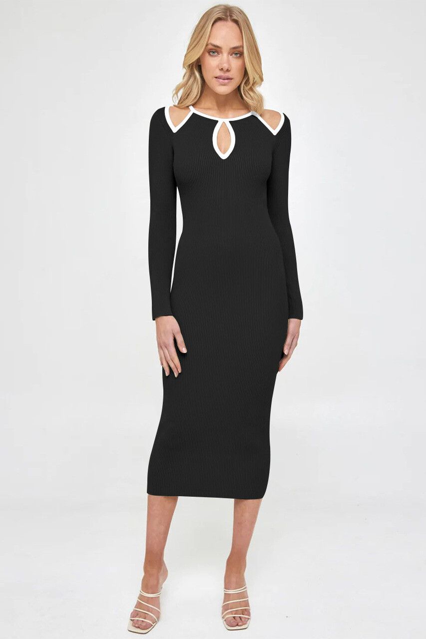 Brand New Black Long Sleeve Cut Out Neckline Super Stretchy Dress Size Medium 10-12