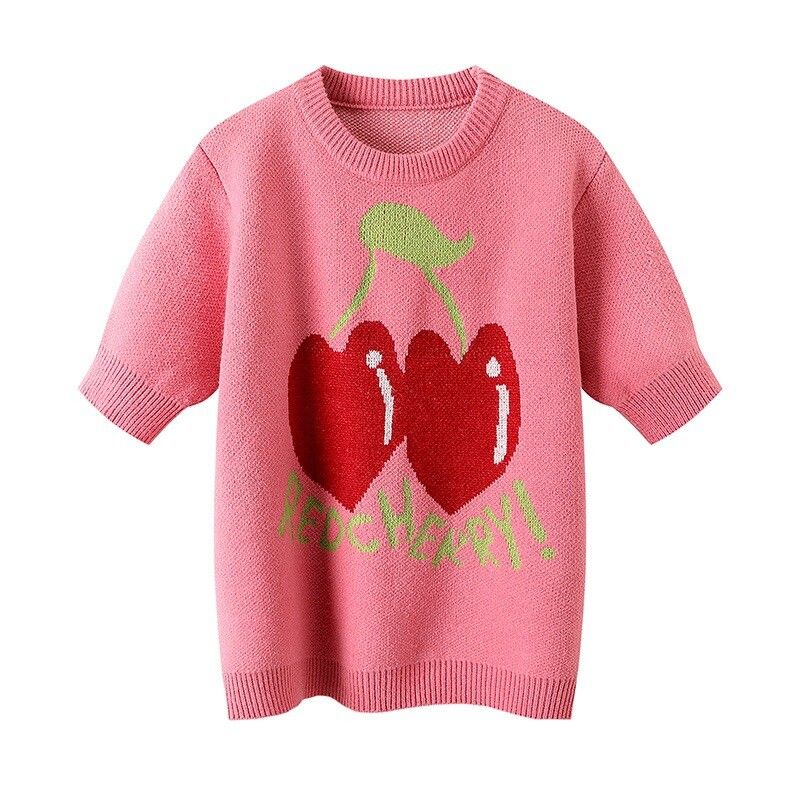 Excellent Thick Pink Cherry Graphic Knit Sweater Short Sleeve Top Size 8-10