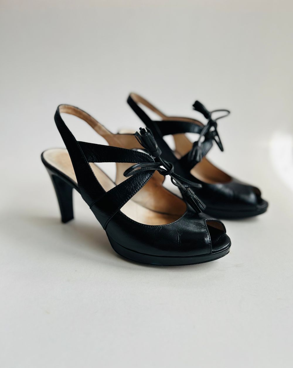 Black Leather Slingback Heels with Leather Tassel Bow