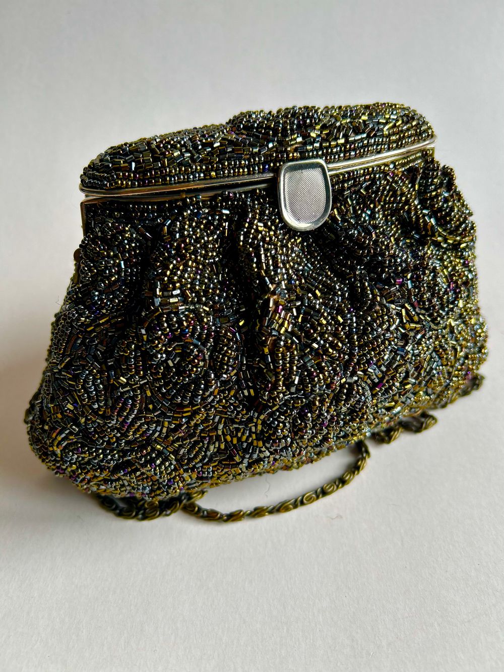 Vintage Art Deco Hand Beaded Satin Evening Bag with chain