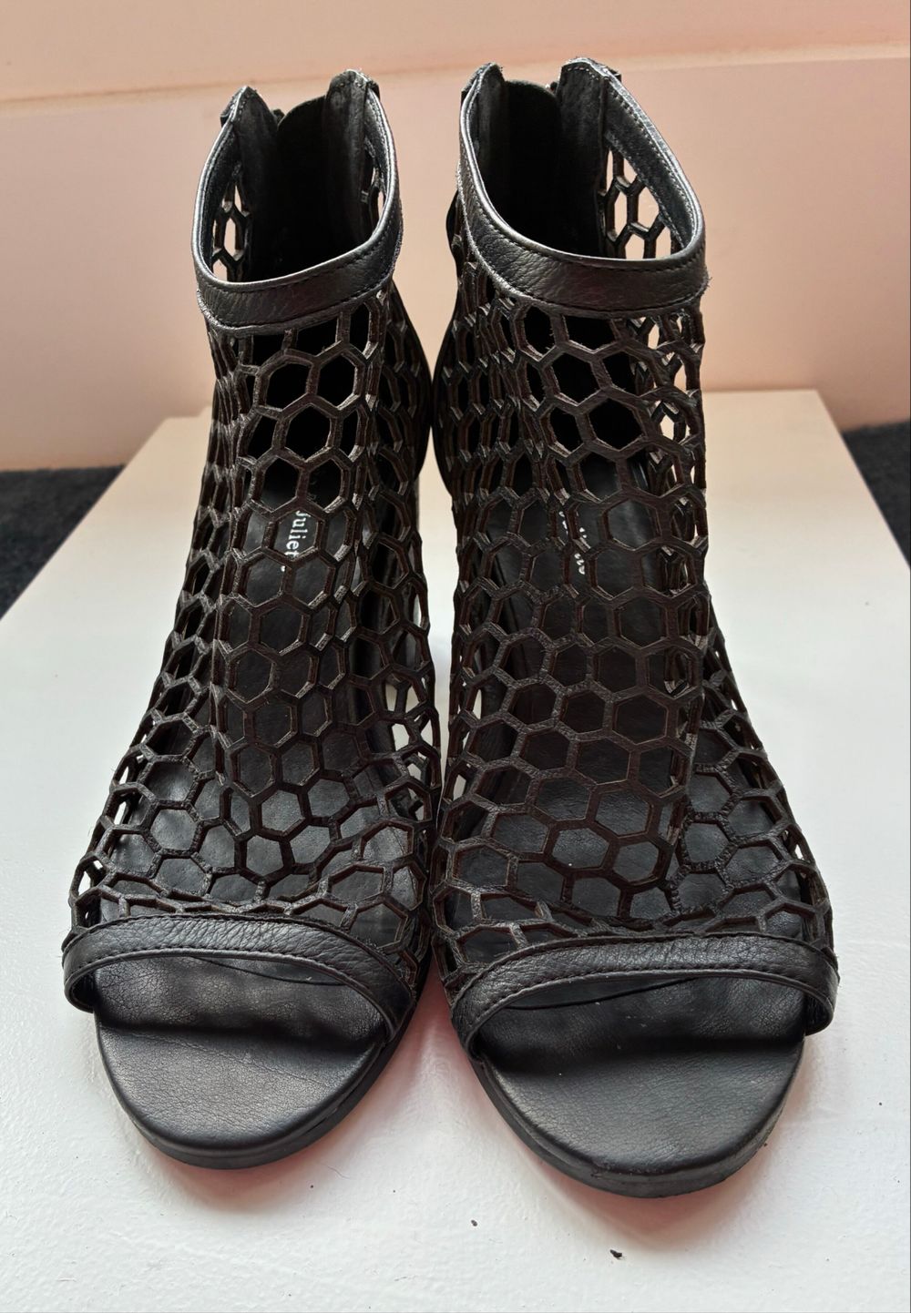 Black Laser-Cut Leather Block Heels