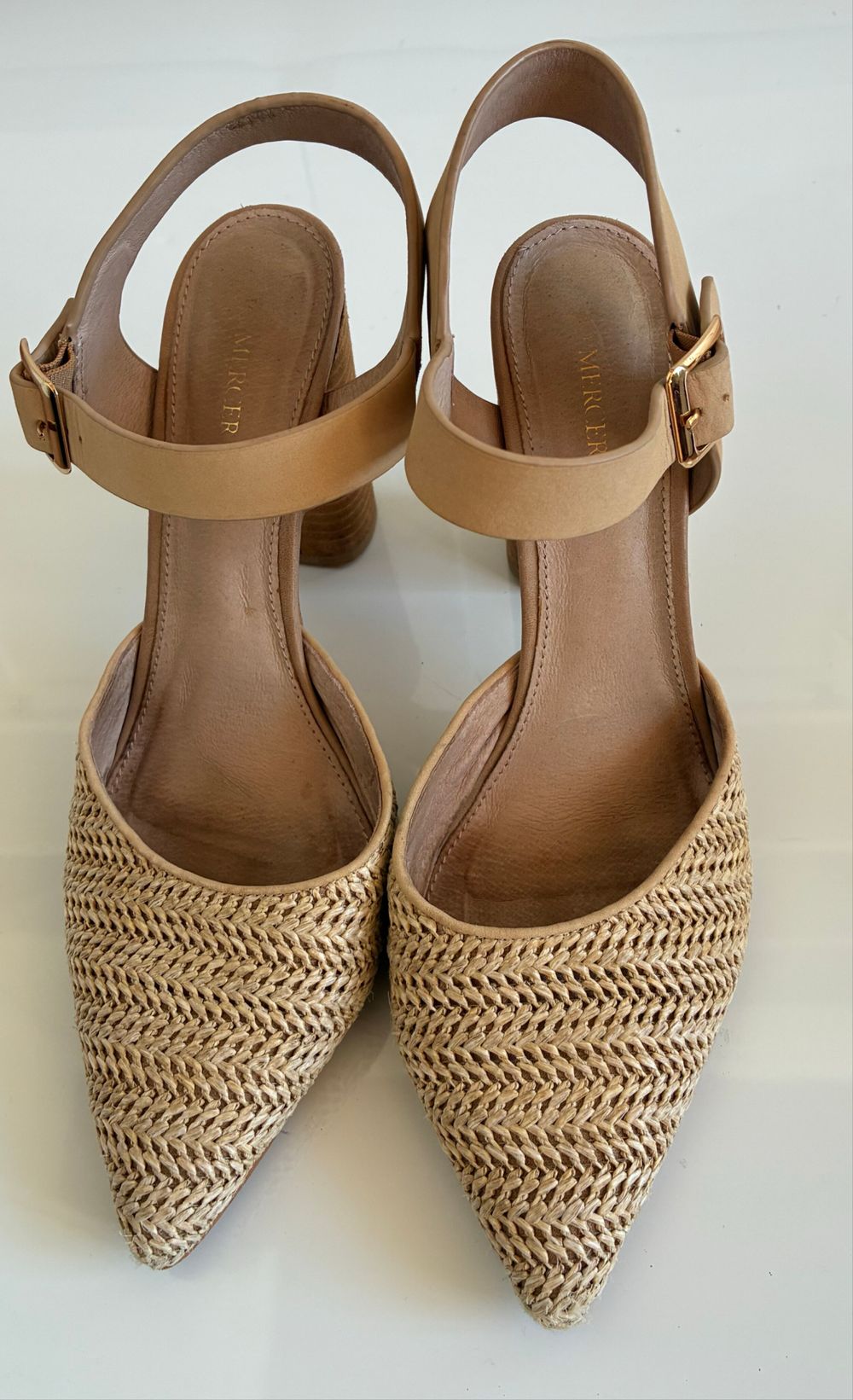 Jo Mercer Raffia Leather Slingback Heels | Size 42