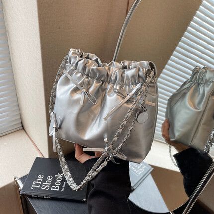 Brand New Cutesy Silver Bow Tie Shoulder Bag With Chain