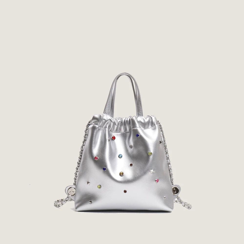 Brand New Cute Silver Multi Coloured Rhinestone Square Shoulder Bag With Chains