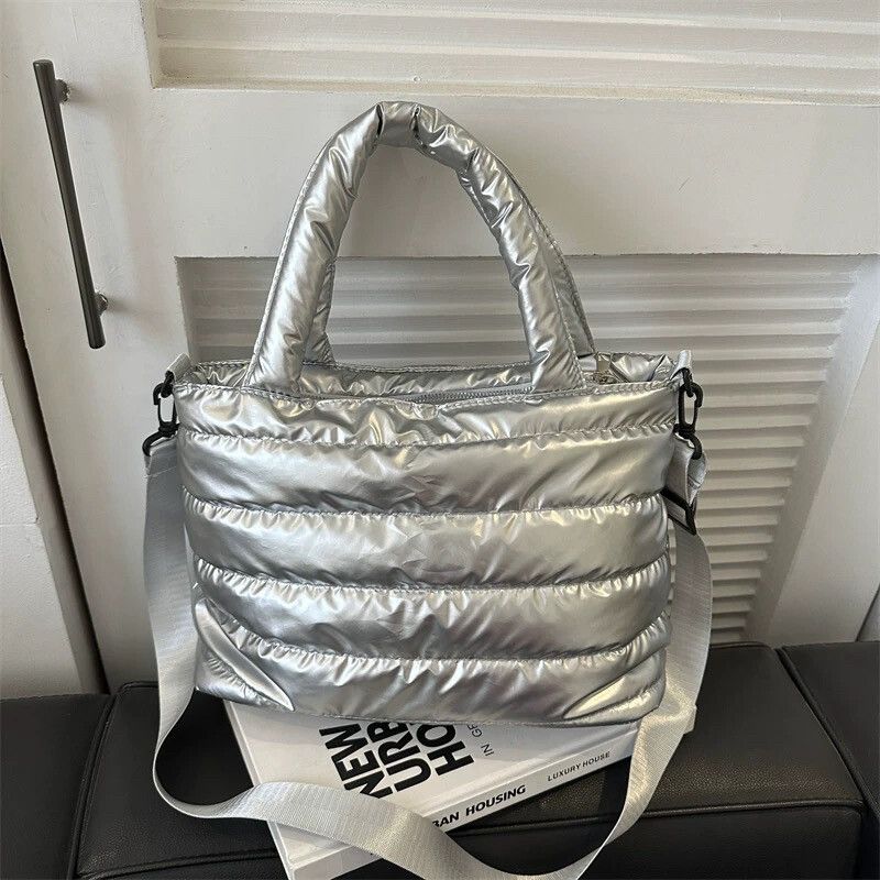 Brand New Electric Silver Puffer Shoulder HandBag With Strap