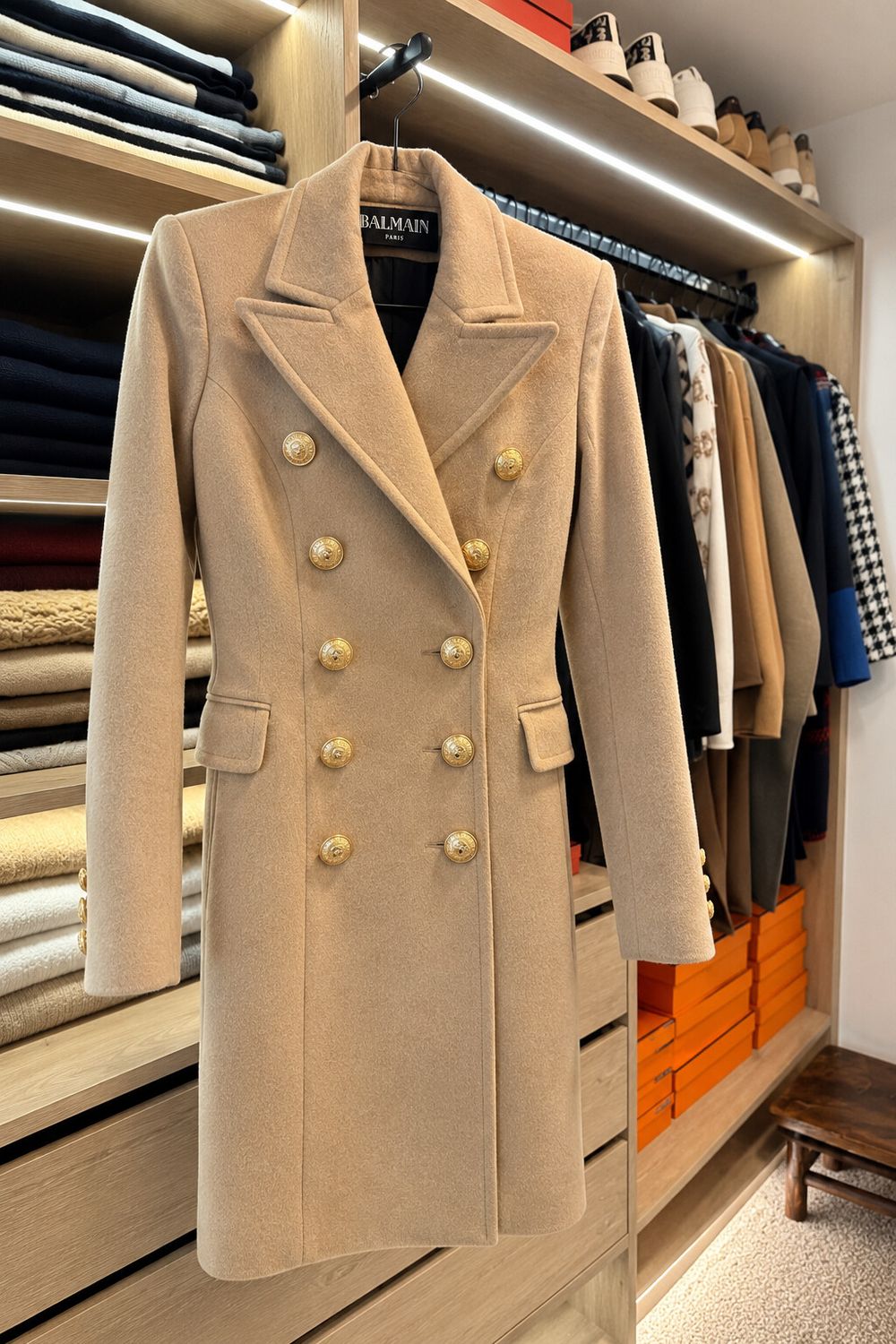 BALMAIN PARIS CAMEL WOOL & CASHMERE DOUBLE BREASTED COAT