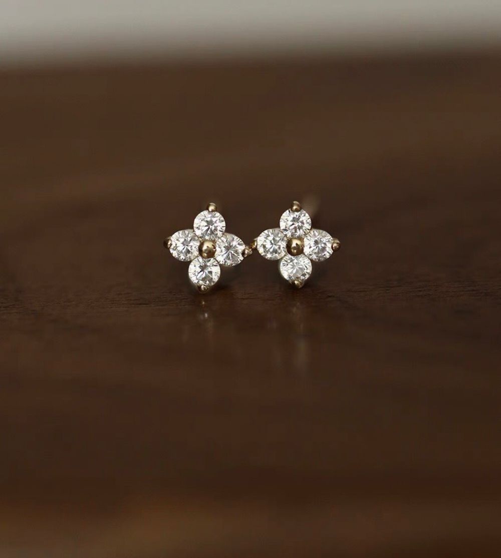 14k Gold Petals Four Clovers Earrings Super Shiny Polished