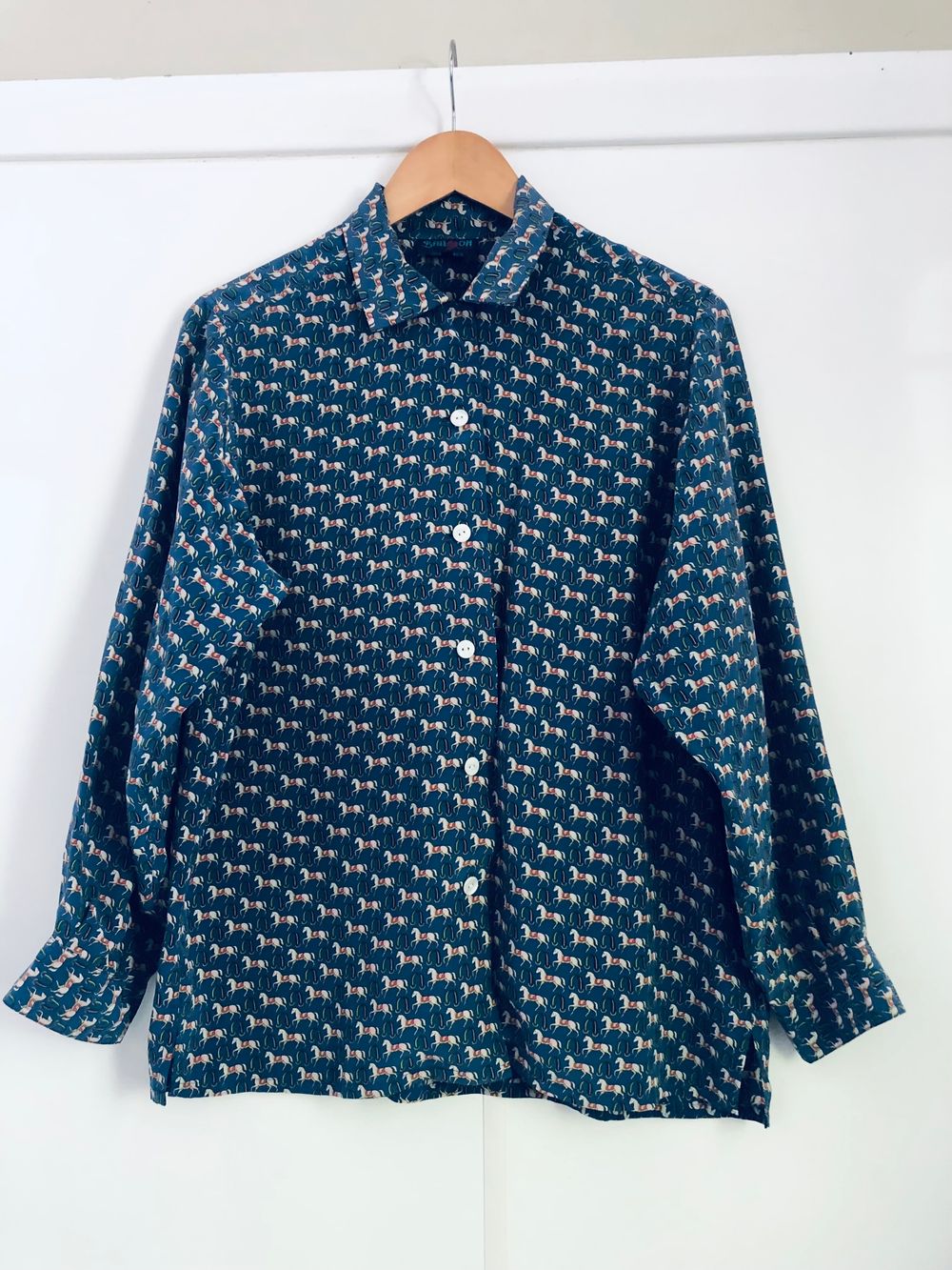 Blue Vintage Horse Print Silk Shirt