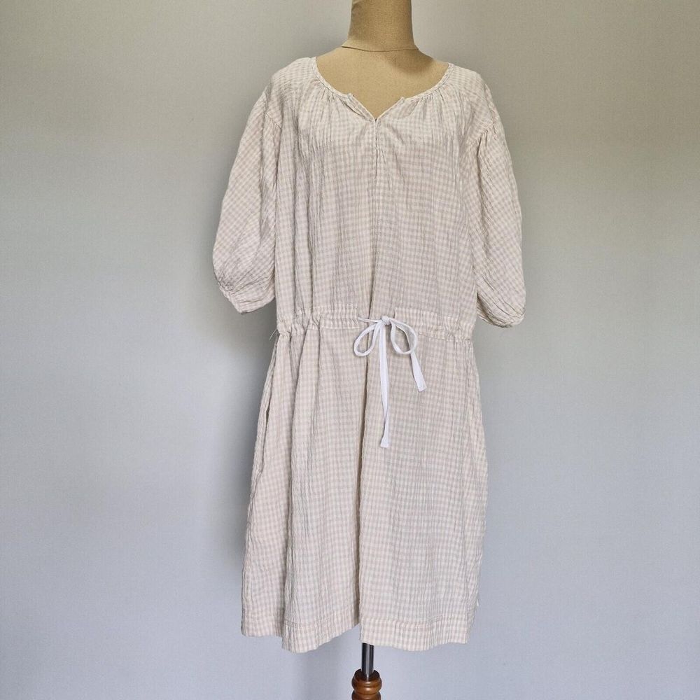 Zoe Kratzmann Beige & White Gingham Seersucker Puff Sleeve Midi Dress Size 2