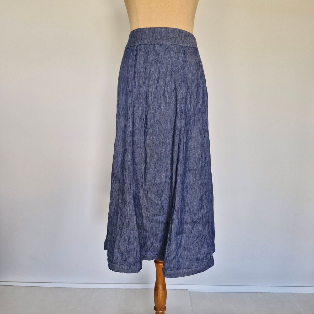 Review Blue Linen Blend Chambray A-Line Midi Skirt Size 12