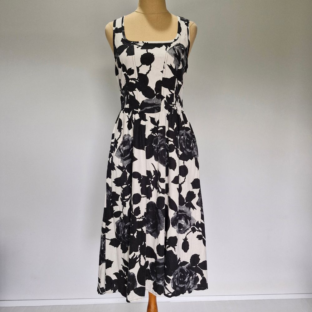 Review Rose Adagio Black & White Floral Linen Blend Midi Dress Size 8