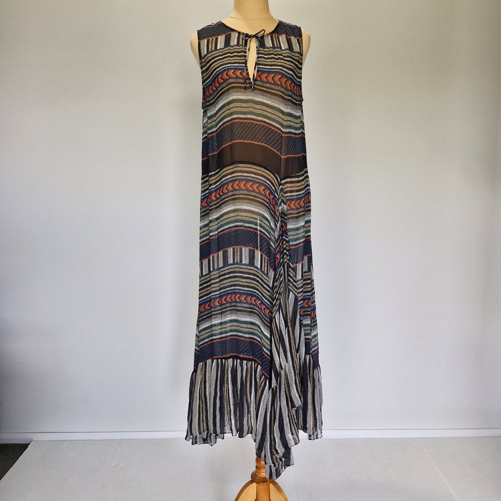 Husk Multicolour Stripe Sheer Silk Sleeveless Maxi Dress Size 12