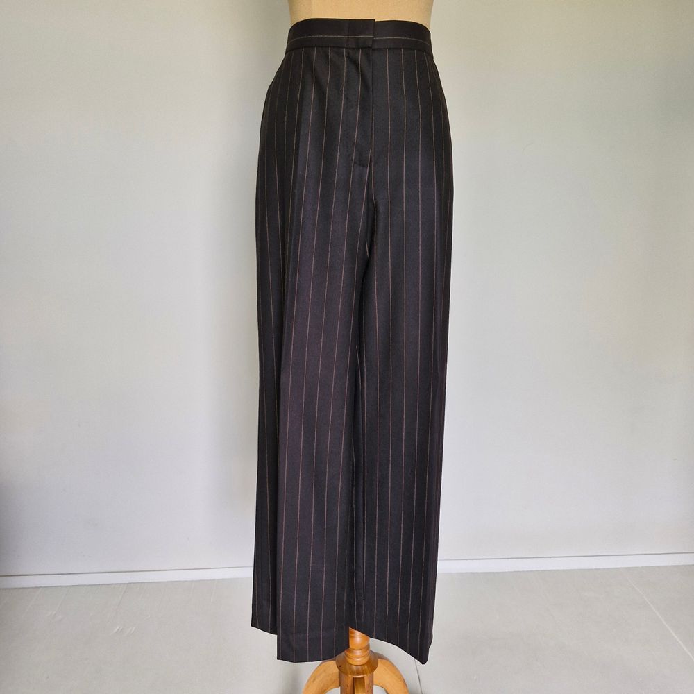 Max Mara Black & Brown Pinstripe Wool Blend High Rise Wide Leg Pants Size 12