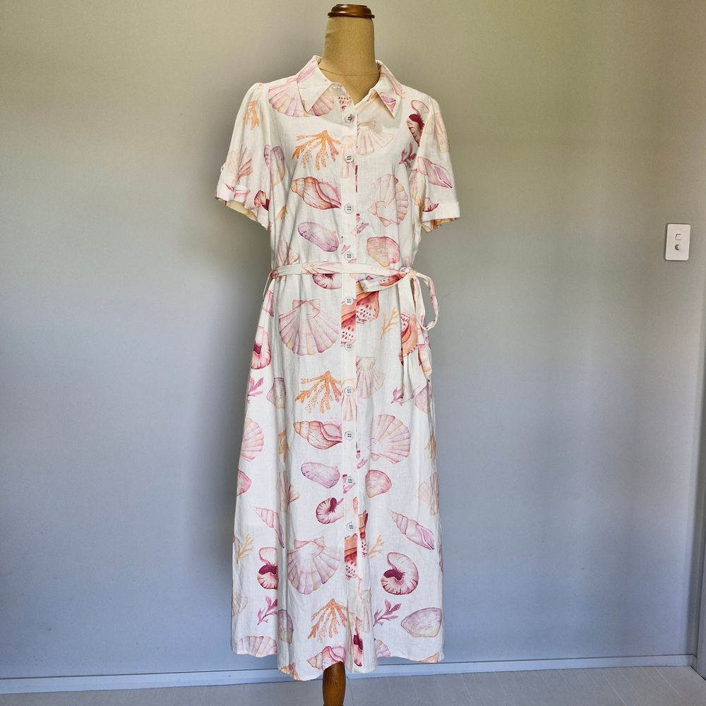 Review By the Seashore Multicolour Print Linen Blend Dress with Belt Size 14