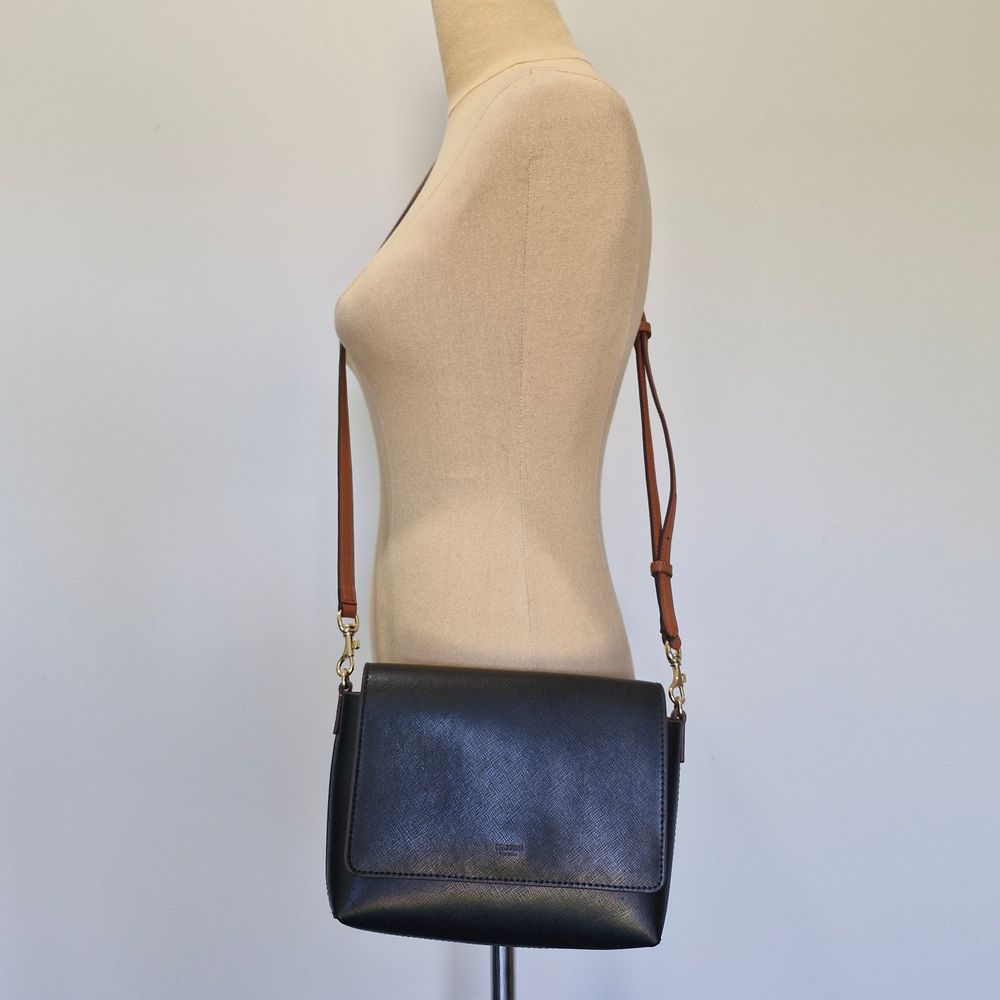 Oroton Harriet Small Black & Brown Saffiano Leather Detachable Strap Crossbody Bag