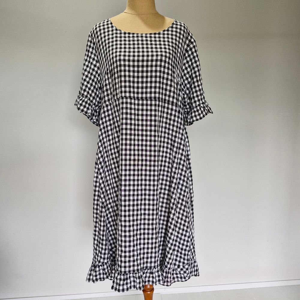 Worthier Black & White Gingham Frill Detail 3/4 Sleeve Midi Dress Size M/L 12-14