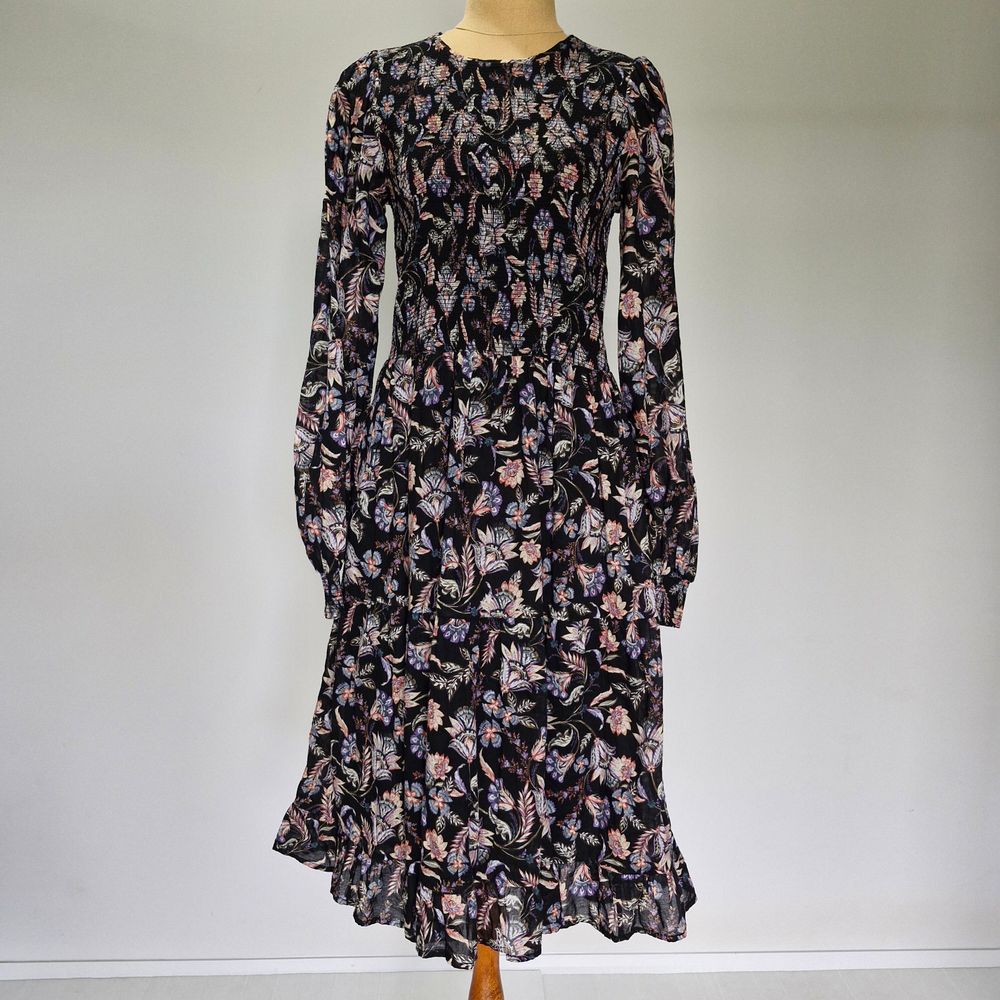 Witchery Multicolour Floral Shirred Long Sleeve Frill Hem Midi Dress Size 16