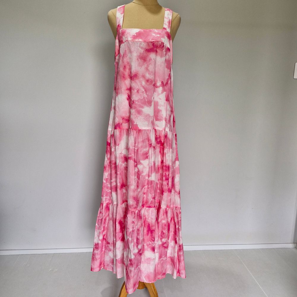 Witchery Pink & White Multicolour Tie Dye Cotton Square Neck Tiered Maxi Dress Size 12