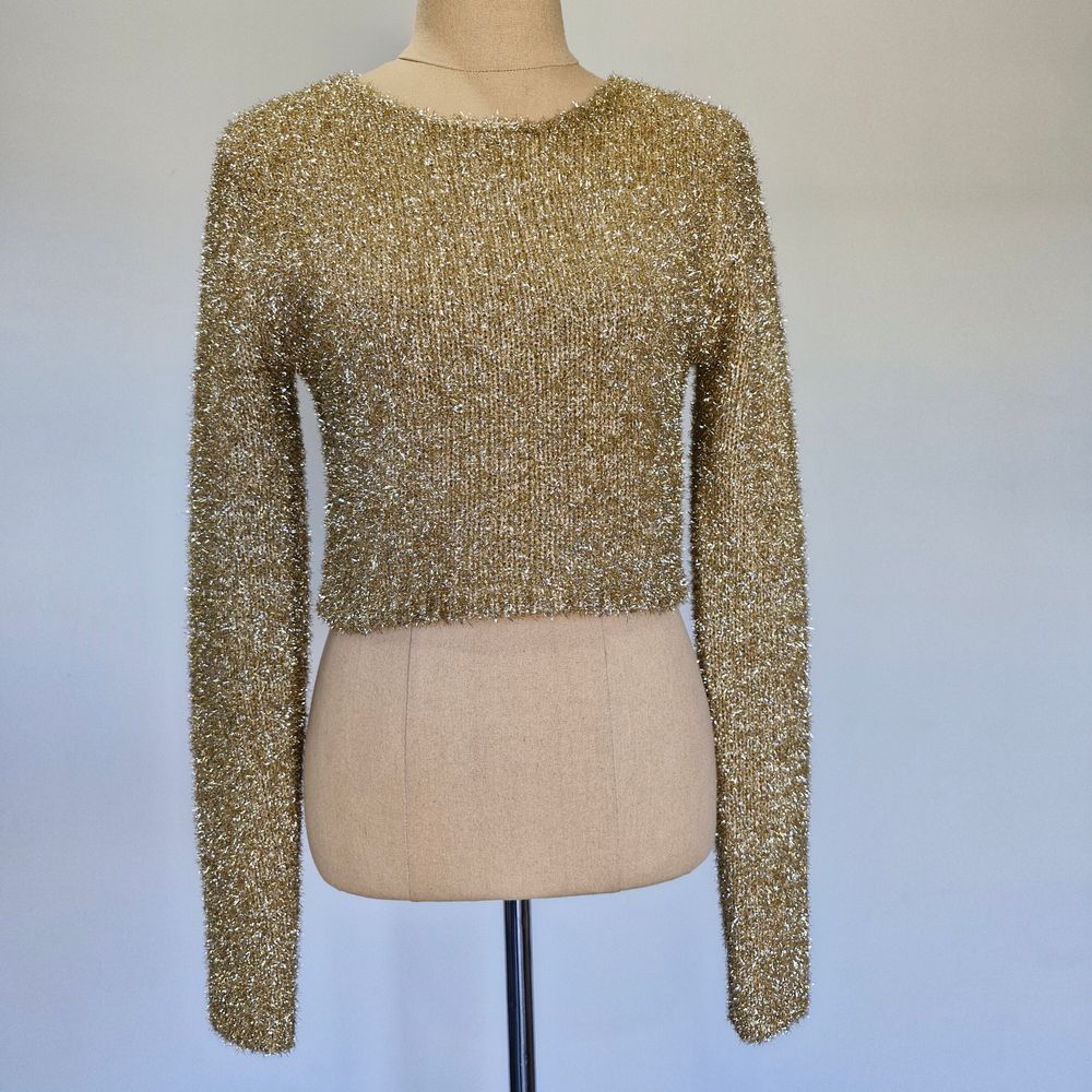 Sheike Metallic Gold Tinsel Knit Long Sleeve Crop Jumper Size S AU 8 US 4