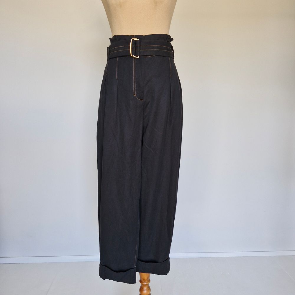 Witchery Black Contrast Stitch High Rise Tapered Cuffed Pants with Belt Size 12