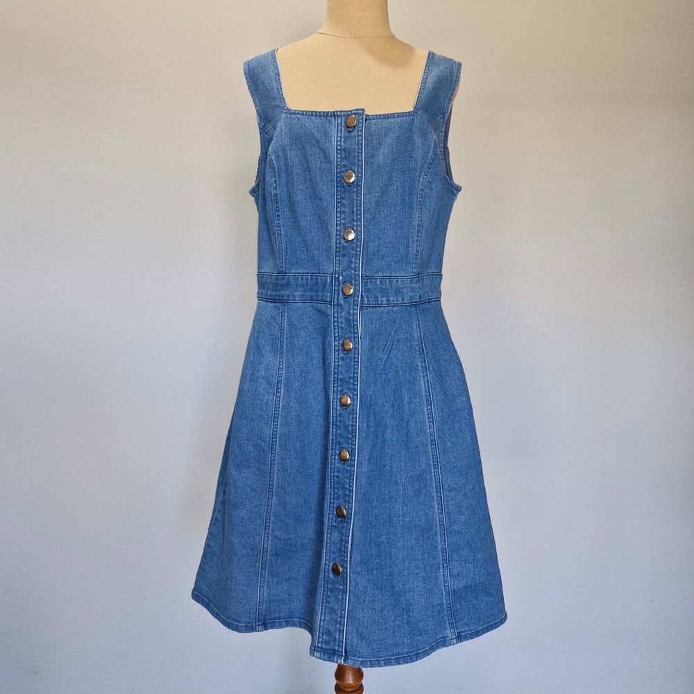 Review Jagger Blue Denim Square Neck Button Down Dress Size 14
