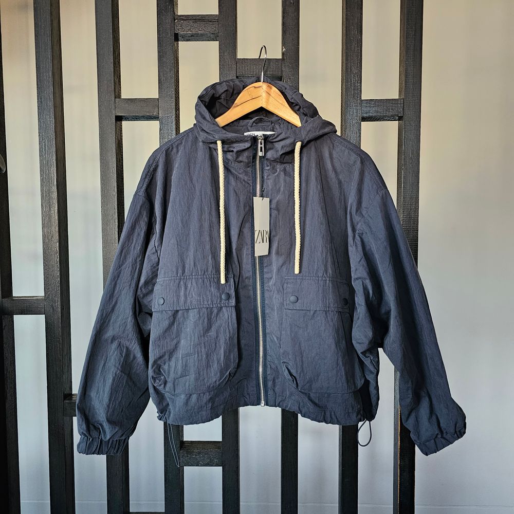 Zara Washed Navy Hooded Jacket With Contrast Drawstring