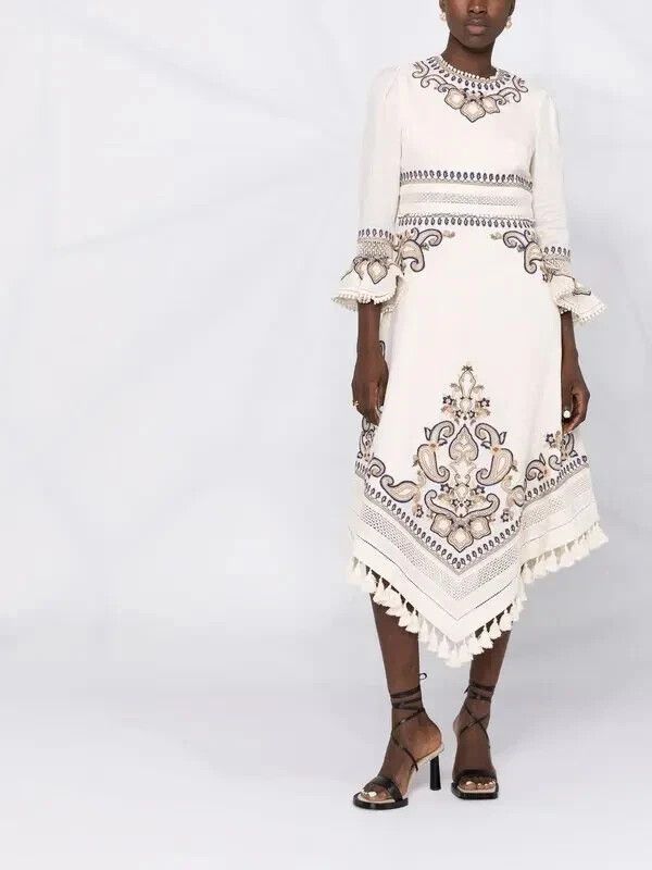 zimmermann aliane embroidered dress Zimmermann Aliane" Floral Print Scalloped Hem Mini Dress - Neutrals