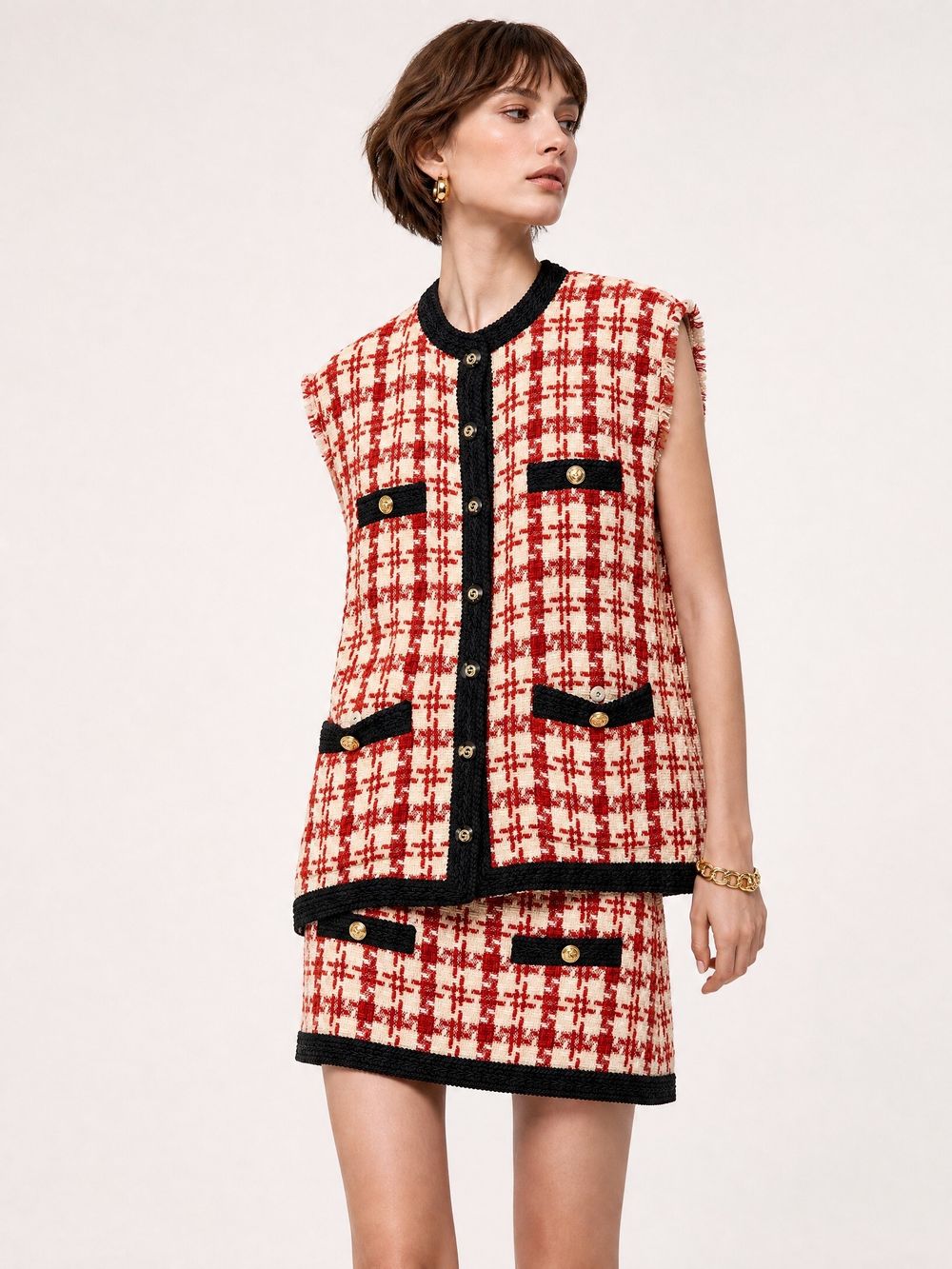 Gucci SS19 Alessandro Michele Houndstooth Tweed Oversize Vest & Mini Skirt Set - IT 38
