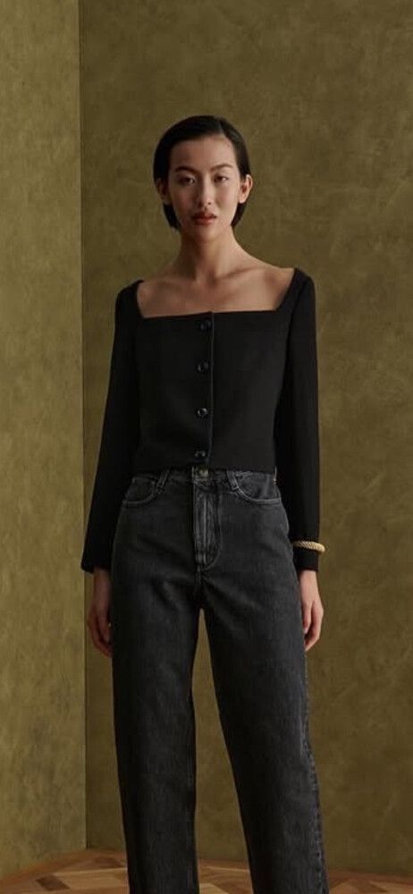 P. Johnson Black Crepe Square Neck Jacket