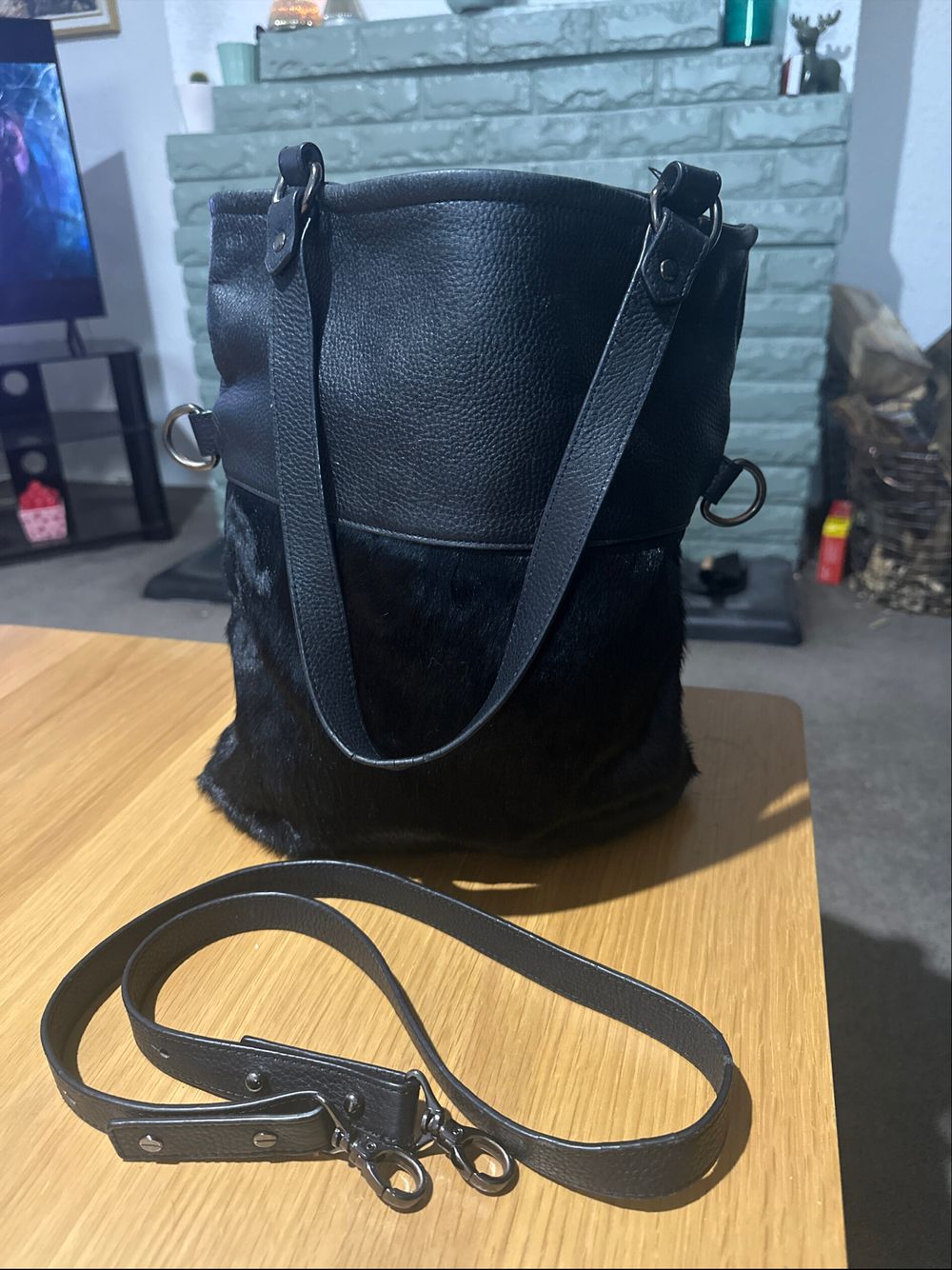 Status Anxiety Black Leather And Haircalf Bucket Bag
