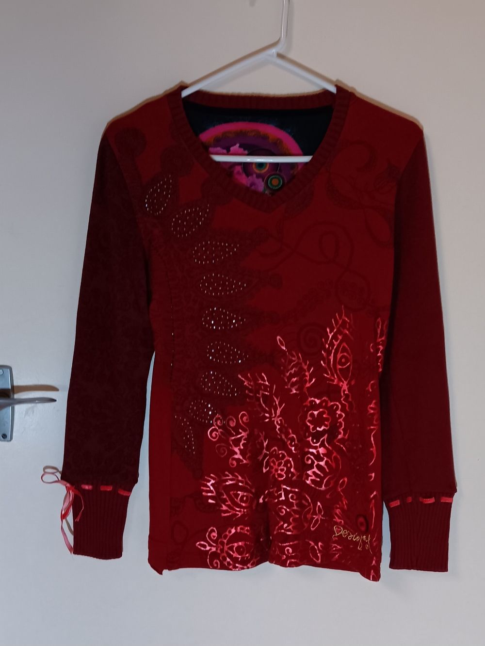 DESIGUAL Label Red Long Sleeve Knit Jumper with Detail