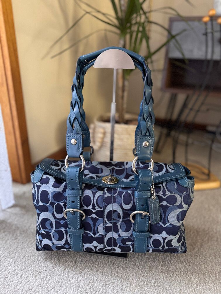 Vintage Coach Blue Denim Chelsea Optic Signature Jacquard Shoulder Bag