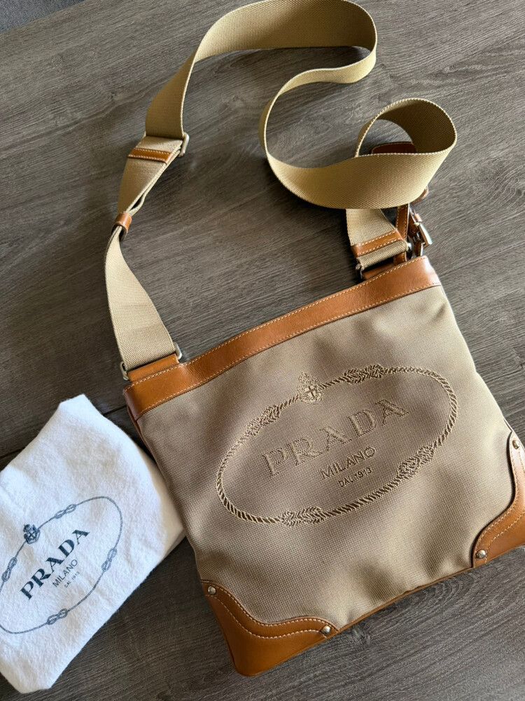 PRADA VINTAGE LOGO JACQUARD FABRIC AND CANVAS CROSSBODY BAG