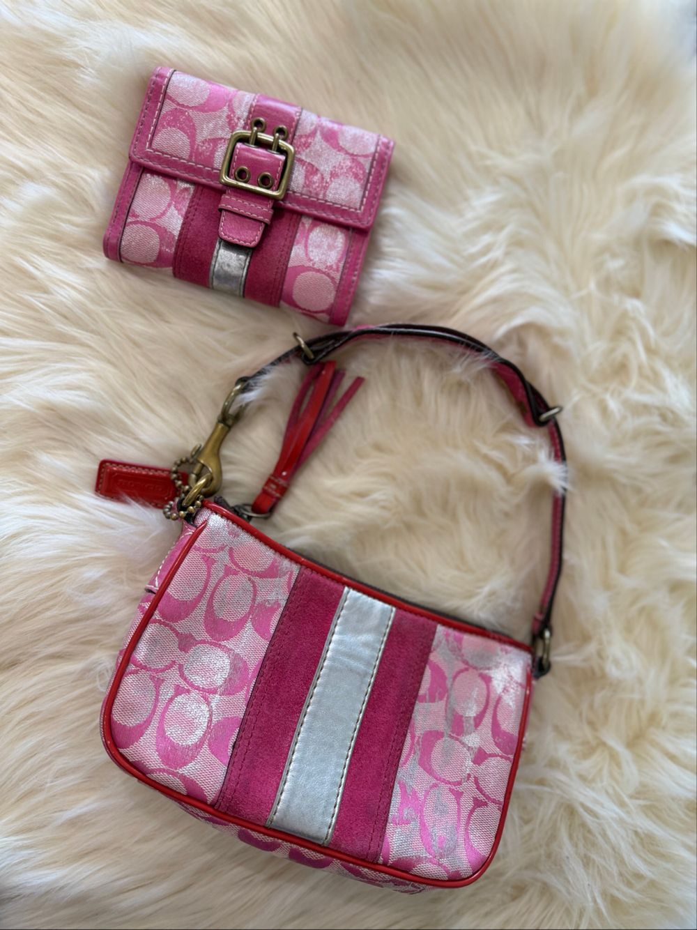 Rare Vintage Y2K Coach Lurex Optic C Demi (or Signature Stripe Satchel) in Pink/Silver Metallic with Wallet
