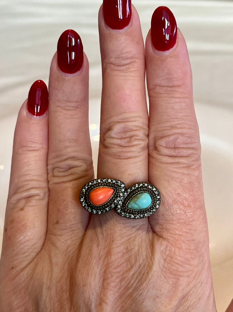 SAMANTHA WILLS VINTAGE BOHEMIAN RING BURNISHED GOLD WITH TURQUOISE & CORAL AGATE - 7